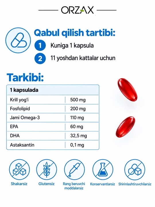 Ocean Krill Oil — krill yog‘i 500 mg, Omega-3, EPA va DHA, yurak va miya uchun, №30, Halol
