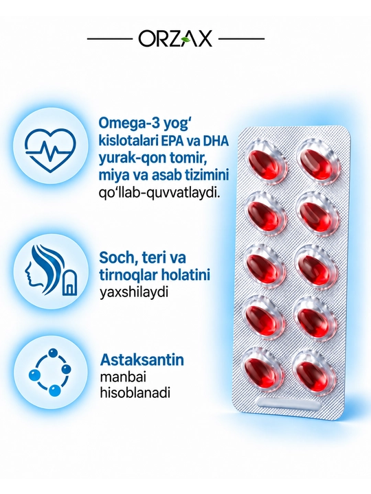 Ocean Krill Oil — krill yog‘i 500 mg, Omega-3, EPA va DHA, yurak va miya uchun, №30, Halol
