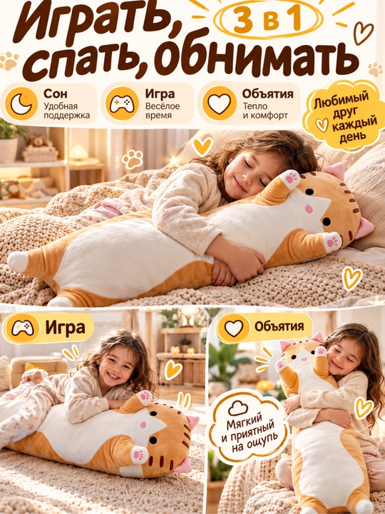 Кот батон мягкая игрушка-подушка, плюшевый для обнимашек и сна, антистресс