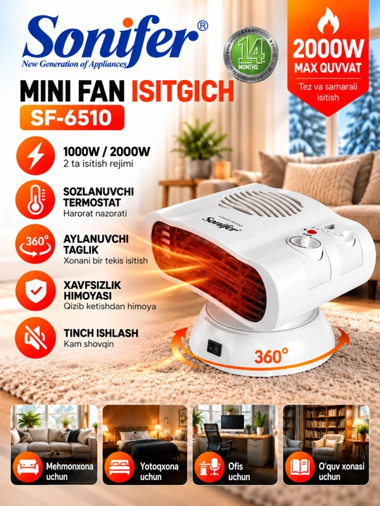 Mini elektr isitgich Sonifer SF-6510, 2000 Vt, 2 rejim, termostat - 