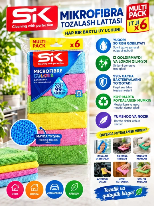 Mikrofibra colors tozalash uchun,4-6 dona  Oshxona sochig'i mikrofibra toplami - 