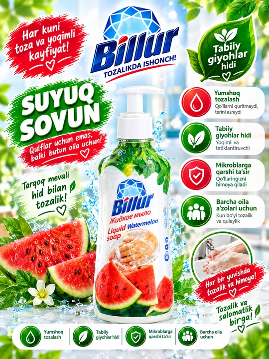 Billur Watermelon — Tarvuz hidli suyuq sovun, qo‘l yuvish uchun - 