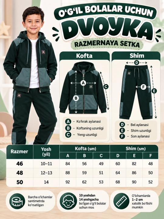 Bolalar sport kostyumi, o‘g‘il bolalar uchun ikki baho