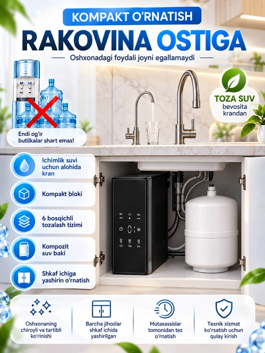 Rakvina osti suv filtri, suv tozalash tizimi, 6 bosqichli, kran va bak bilan, komplekt - 