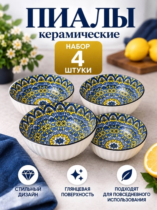Kapalak naqshli keramik kosa to‘plami, 4 dona, 350 ml - 
