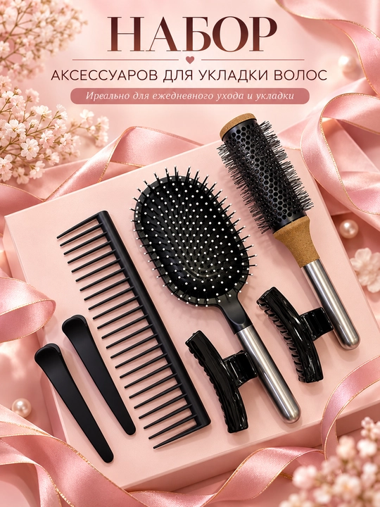 Набор аксессуаров для укладки волос, щётки, расчёска и зажимы, 7 предметов