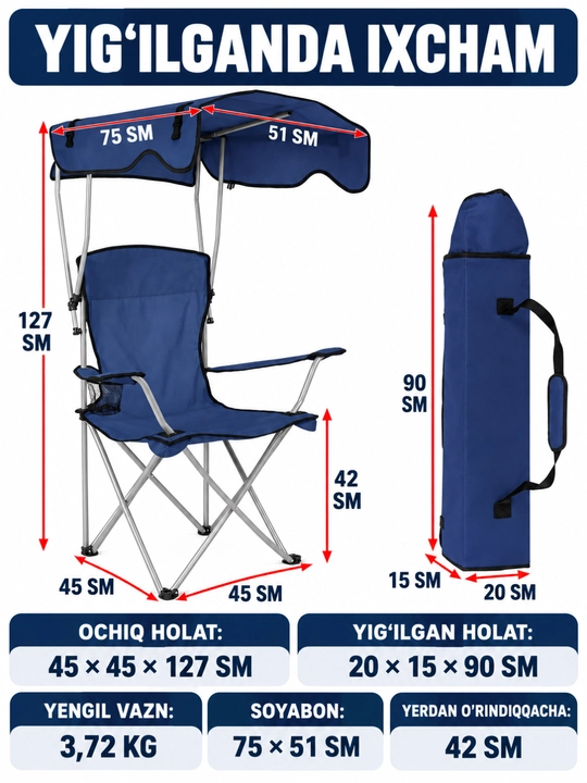 Kemping va piknik uchun soyabonli yig‘ma stul, 45×45×127 sm