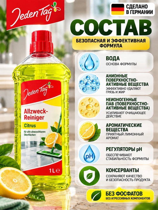 Pol va yuzalarni yuvish vositasi Jeden Tag Allzweck-Reiniger Citrus, 1 l