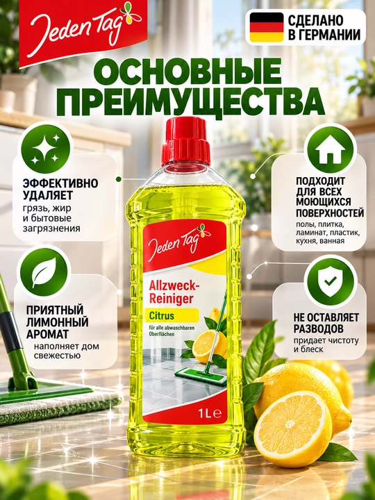 Pol va yuzalarni yuvish vositasi Jeden Tag Allzweck-Reiniger Citrus, 1 l - 