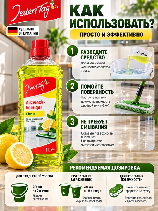 Pol va yuzalarni yuvish vositasi Jeden Tag Allzweck-Reiniger Citrus, 1 l