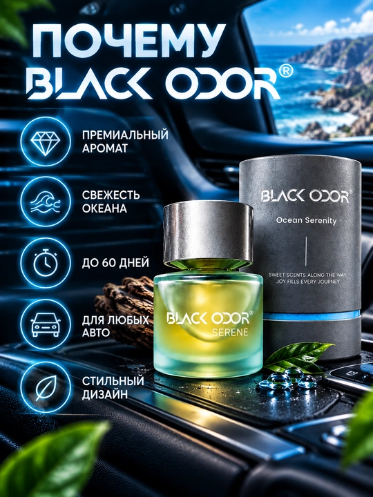 Avtomobil aromatizatori BLACK ODOR 50 ml, mashina saloni uchun premium atir