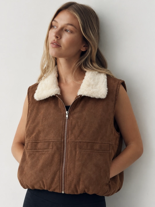 Ayollar va qizlar uchun jilet, tukli yoqali, zamokli kalta nimcha, yengsiz kurtka free size