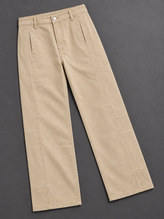 Ayollar uchun keng jinsi shim, bej denim, cho‘ntakli, dekorativ chokli, S–XL