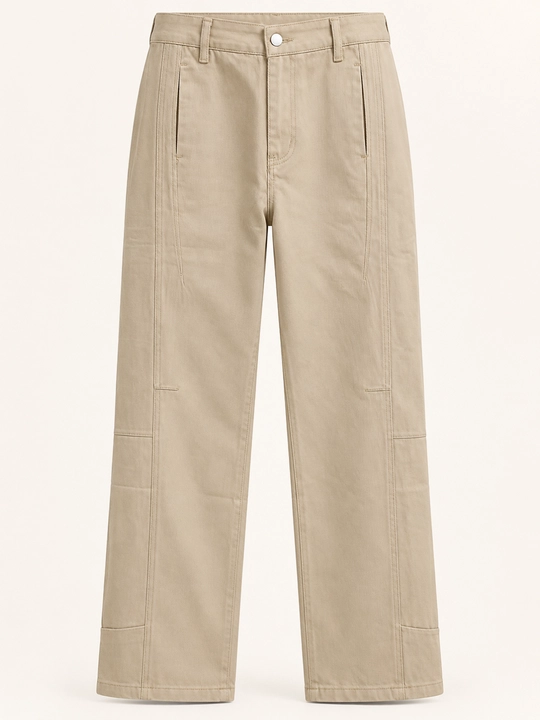 Ayollar uchun keng jinsi shim, bej denim, cho‘ntakli, dekorativ chokli, S–XL