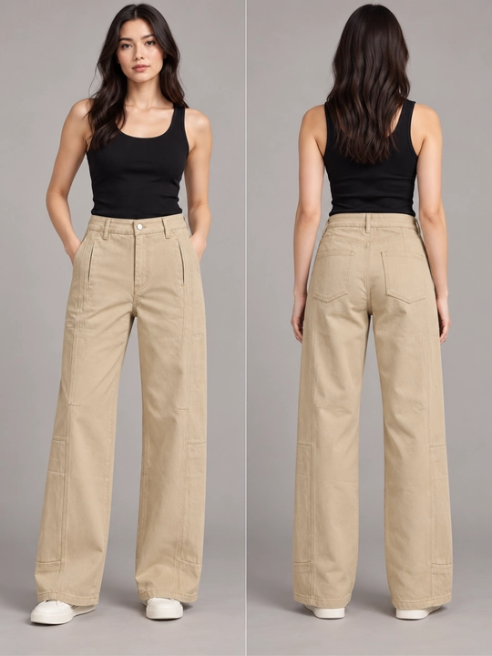 Ayollar uchun keng jinsi shim, bej denim, cho‘ntakli, dekorativ chokli, S–XL