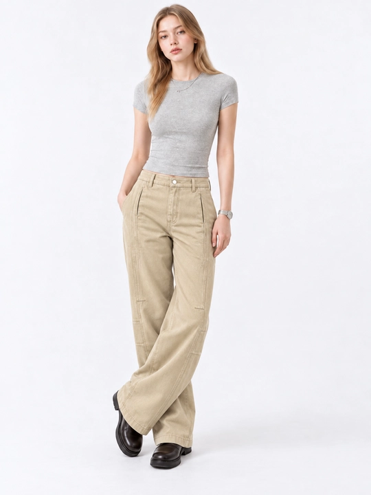 Ayollar uchun keng jinsi shim, bej denim, cho‘ntakli, dekorativ chokli, S–XL