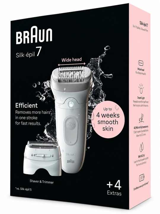 Эпилятор Braun Silk-épil 7 SE7-041, 40 пинцетов, Wet & Dry, аккумуляторный, серебристый
