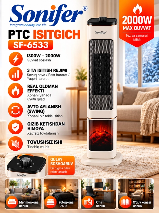PTC-обогреватель Sonifer SF-6533, 2000 Вт, 3 режима, Swing, термостат - 