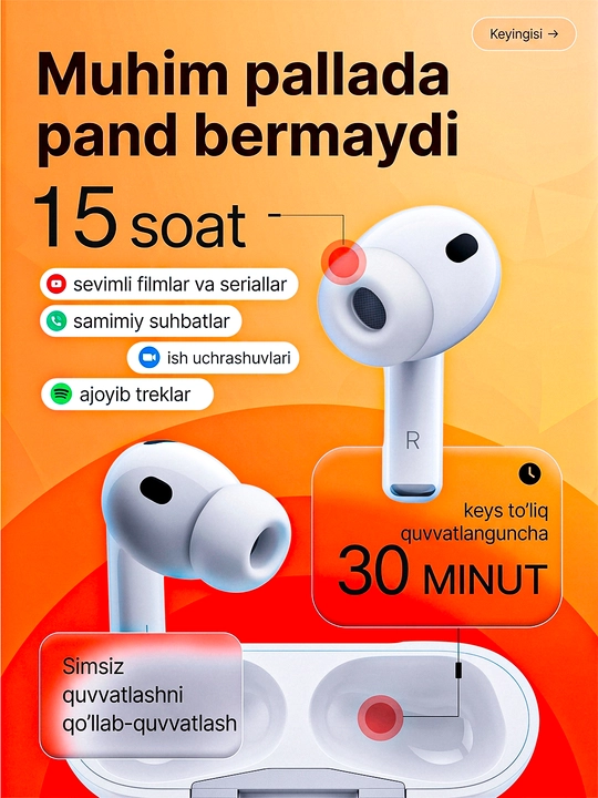 Pods Pro 3 simsiz quloqchinlari, Bluetooth 6.0, ANC, sovg‘a sifatida g‘ilof