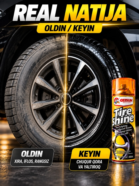 GETSUN Tire Shine 500 мл / 840 мл — shina qoraytiruvchi sprey, rezina uchun polirovka