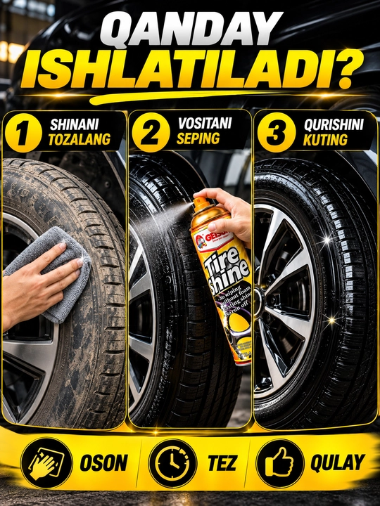 GETSUN Tire Shine 500 мл / 840 мл — shina qoraytiruvchi sprey, rezina uchun polirovka