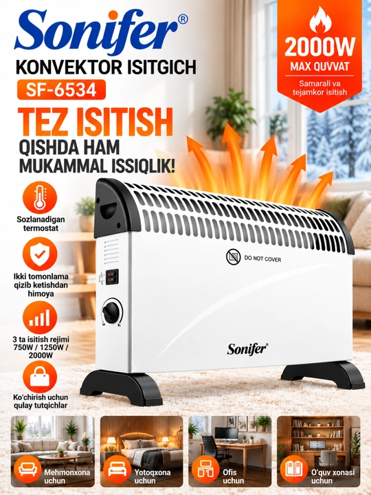 Конвекторный обогреватель Sonifer SF-6534, 2000 Вт, 3 режима, термостат - 