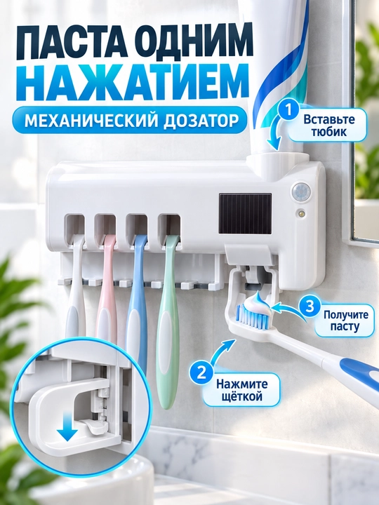 Держатель для зубных щёток с УФ-стерилизатором и дозатором пасты, на 4 щётки, настенный
