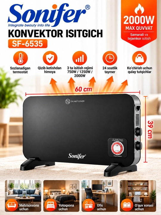 Konvektor isitgich Sonifer SF-6535, 2000 Vt, 3 rejim, termostat, 24 soat taymer - 