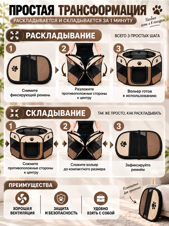 Складной вольер-манеж для собак и кошек. Тканевый переносной домик-тент с крышей для котят