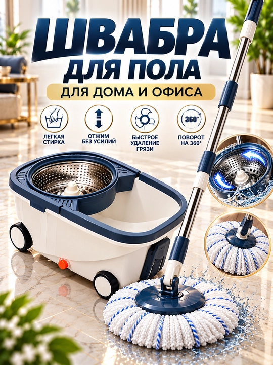 Chelakli shvabra, siqish va chayish tizimi bilan, mikrofibra nasadkalari - 