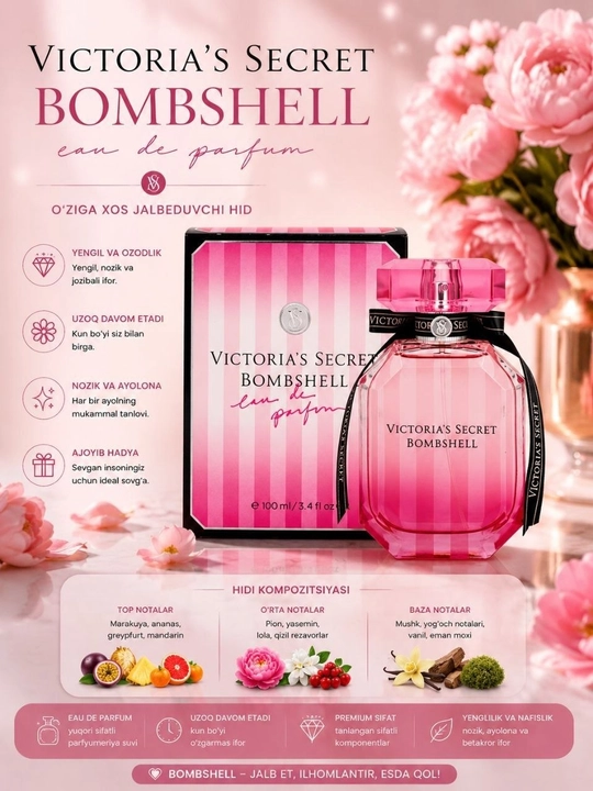 Bombshell atir ayollar uchun 100 ml EDP gul mevali nafis hid
