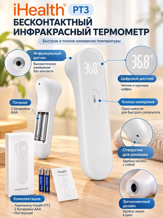 Бесконтактный инфракрасный термометр iHealth PT3 для измерения температуры тела - 