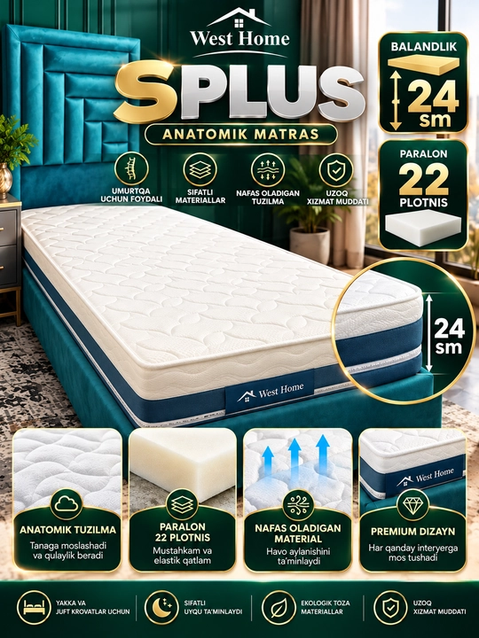 West Home SPLUS anatomik matras 24 sm, HB Jacquard, 22 zichlikdagi porolon - 