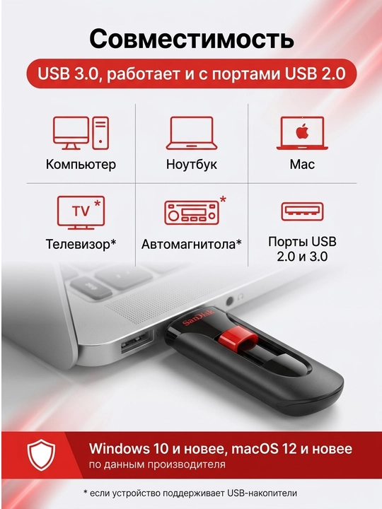 USB флешка SanDisk Cruzer Glide 3.0, 32 ГБ, выдвижной разъём