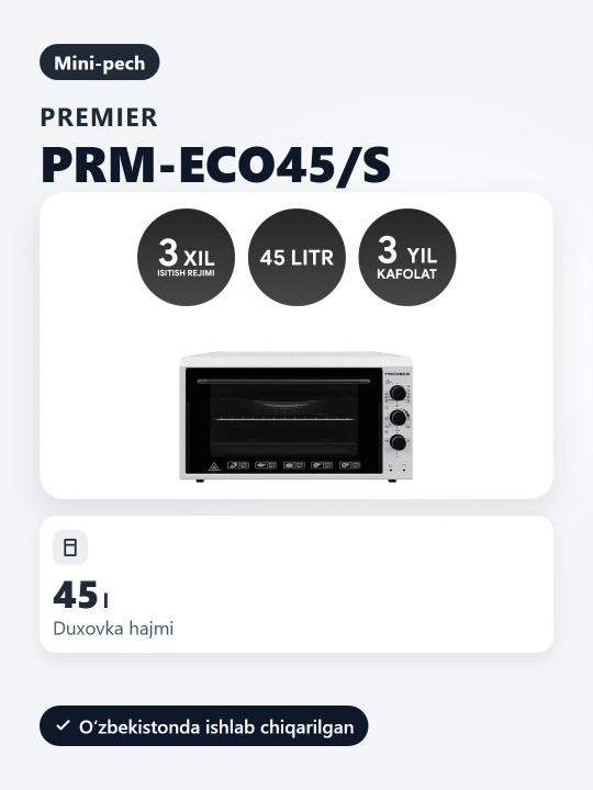 Mini-pech Premier PRM-ECO45, ssiqqa chidamli shisha, 45 litr