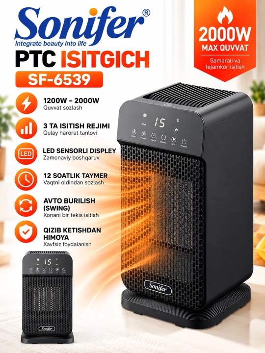 Sonifer SF-6539 PTC elektr isitgich, 2000 Vt, 3 rejim, LED displey - 