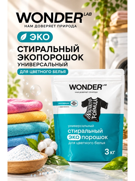 Стиральный экопорошок WONDER LAB универсальный, для цветного белья 3 кг - 
