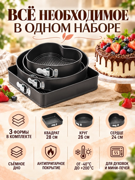 Набор разъемных форм для выпечки 3 шт, 24/26/28 см, антипригарные для торта и духовки