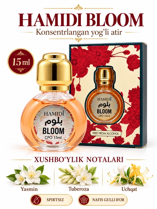 HAMIDI Bloom spirtsiz moyli atirlari, konsentrlangan parfyumeriya moyi, 15 ml - 