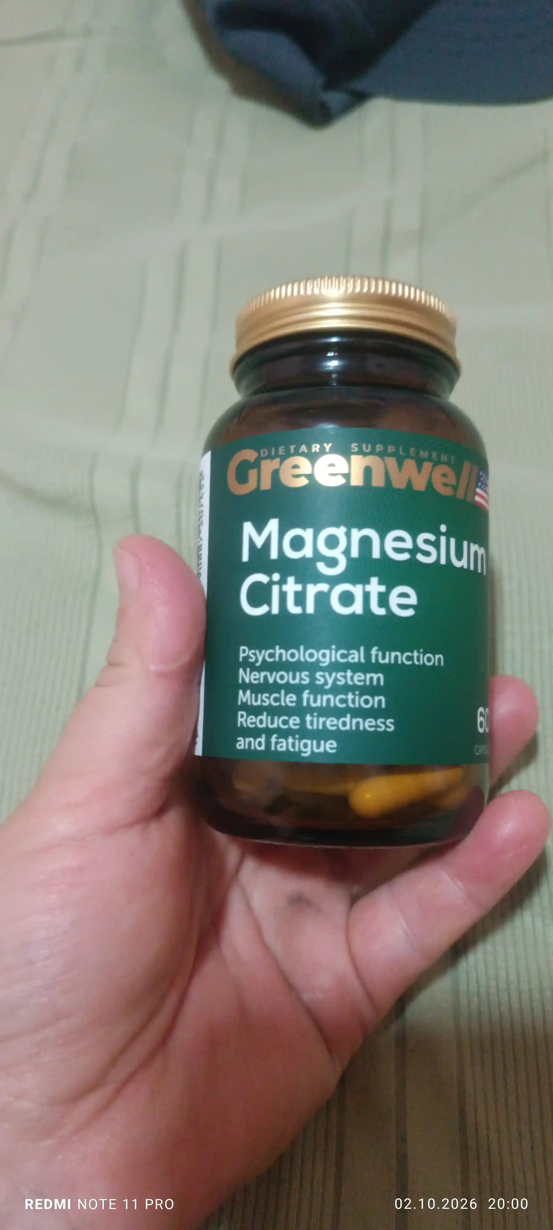 Magniy Sitrat, 60 kapsula, Greenwell,asab tizimi va stress uchun BAA , Halol