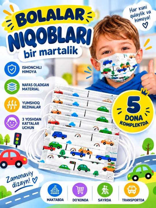 10 va 5 donadan iborat yorqin dizaynga ega bir martalik bolalar niqoblari