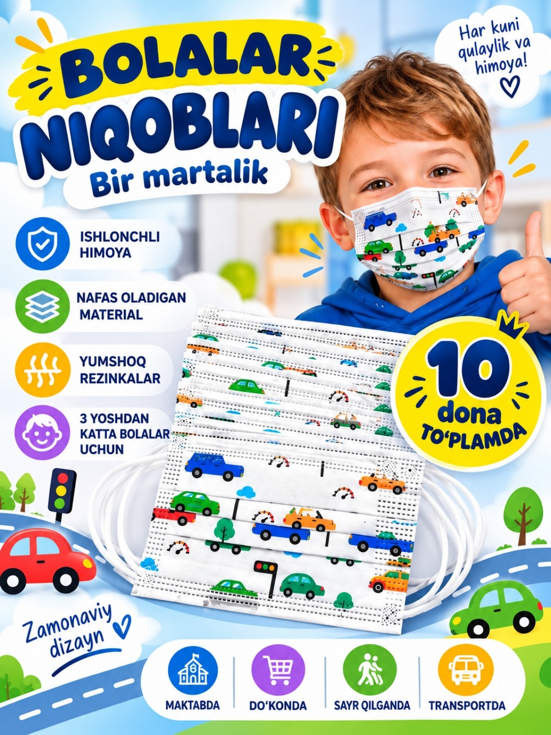 10 va 5 donadan iborat yorqin dizaynga ega bir martalik bolalar niqoblari