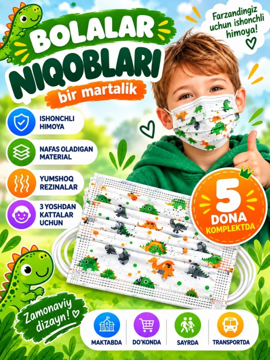 10 va 5 donadan iborat yorqin dizaynga ega bir martalik bolalar niqoblari