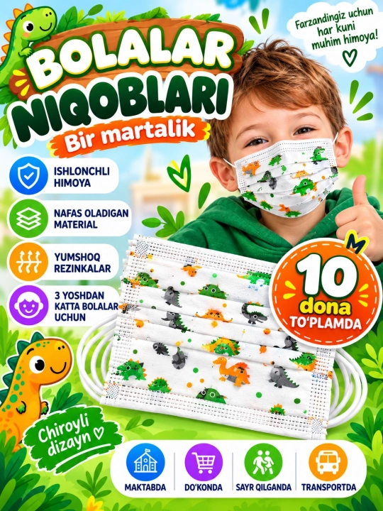 10 va 5 donadan iborat yorqin dizaynga ega bir martalik bolalar niqoblari