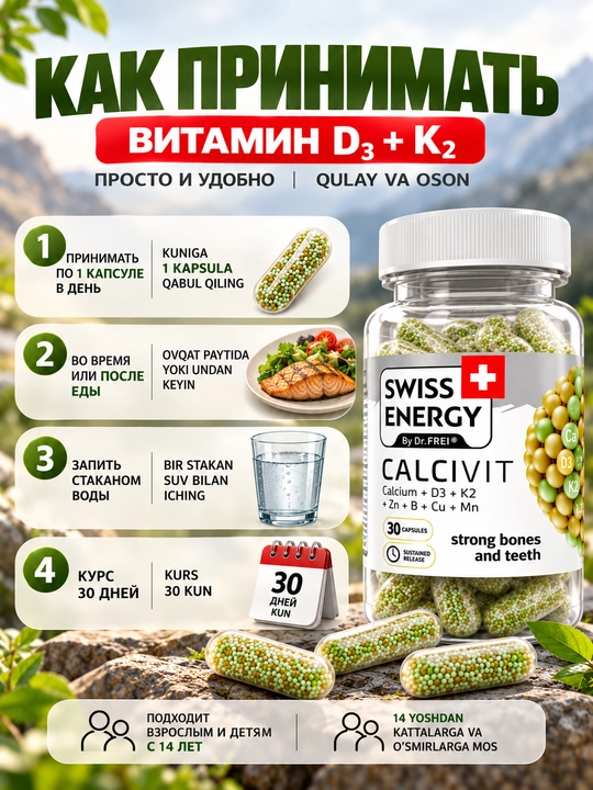Kalsiy d 3  Swiss Energy CALCIVIT, vitamin, kaltsiy magniy d 3 vitamini, 30 dona