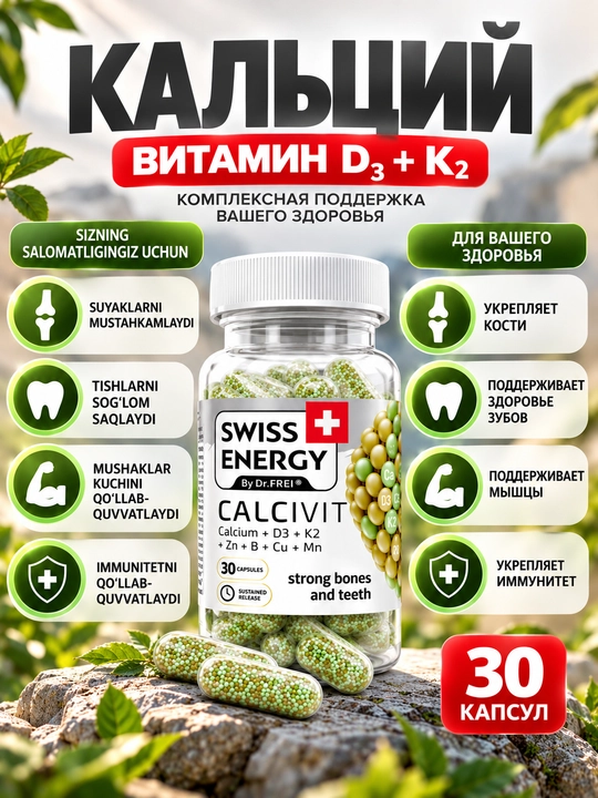 Kalsiy d 3  Swiss Energy CALCIVIT, vitamin, kaltsiy magniy d 3 vitamini, 30 dona