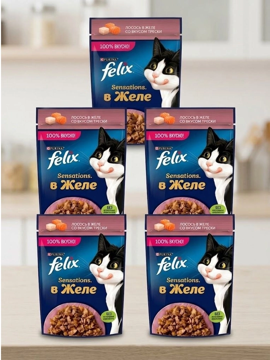 Влажный корм FELIX® Sensations для взрослых кошек, с лососем в желе с добавлением трески - 