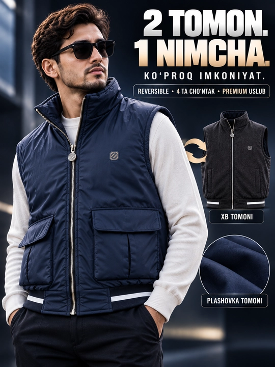 Erkaklar nimchasi, ikki tomonlama, plashovka, yengil kuzgi va bahorgi jilet, bezrukavka - 