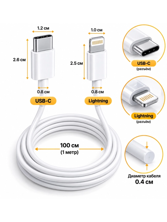 USB-C — Lightning kabel, 1 m, quvvatlash va ma’lumot uzatish uchun
