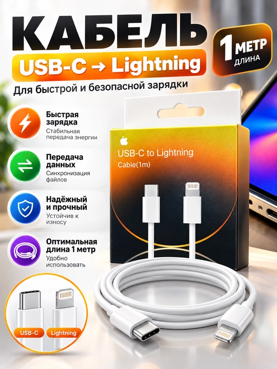 Кабель USB-C — Lightning, 1 м, для зарядки и передачи данных - 